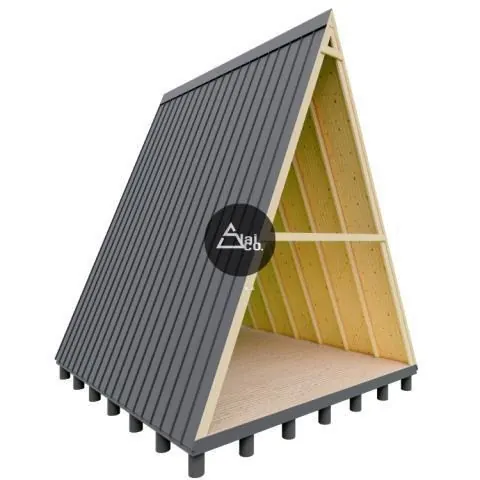 Estructura A-Frame con cubierta de zinc sobre pilotes