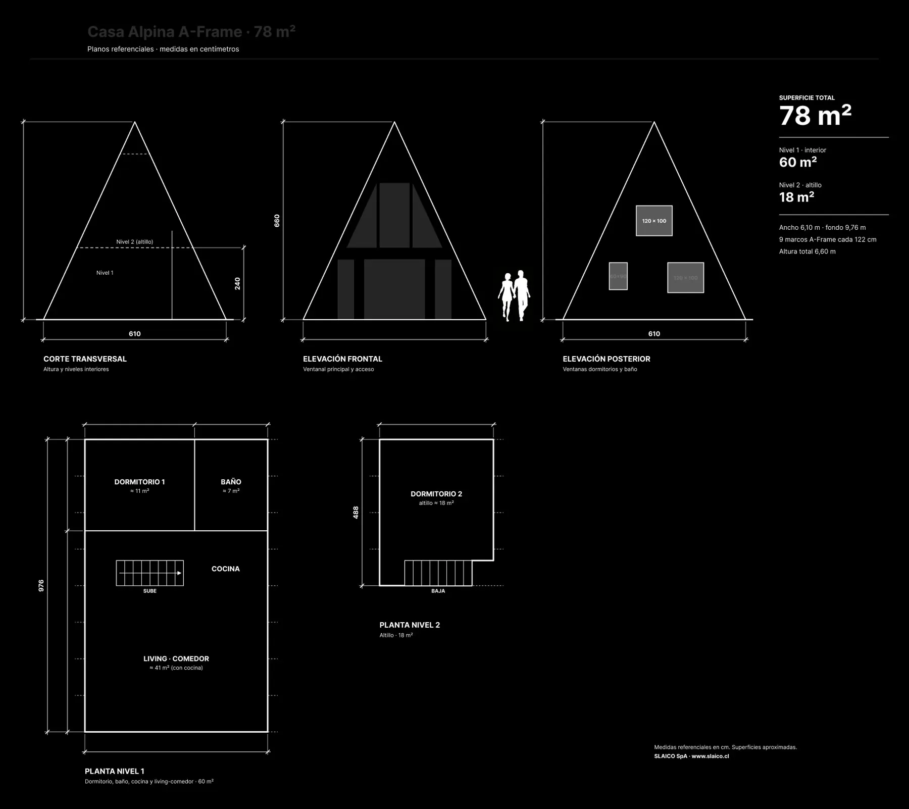 Planos del A-Frame de 78 m²: corte, elevaciones y plantas de los dos niveles