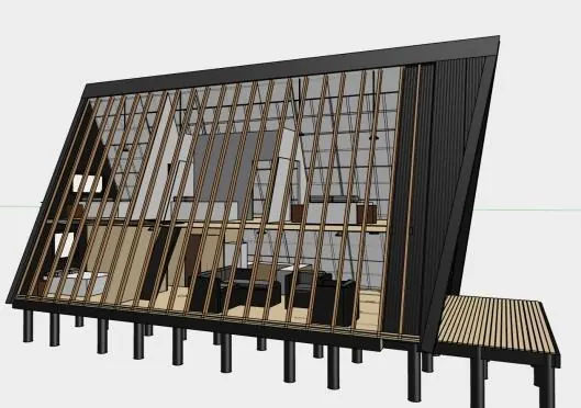 Vista 3D de la estructura de una casa alpina sobre pilotes